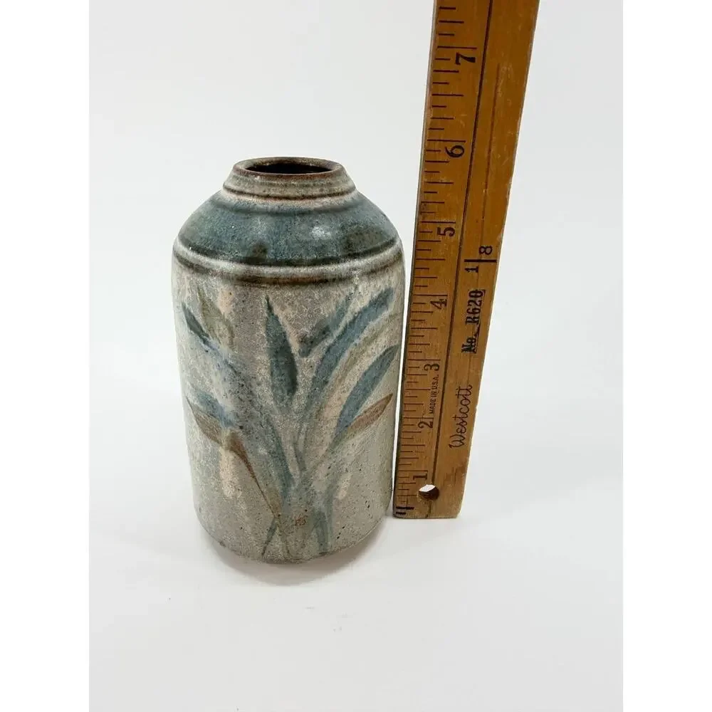 Vintage Studio Pottery Vase Stoneware Floral Design Handmade Decor